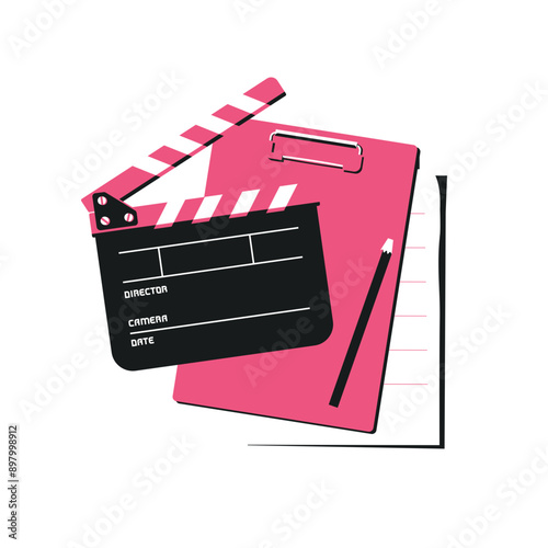 Movie clapper board, clipboard with clip and pencil