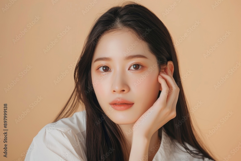 Beautiful young Asian long hair woman in white clothes with Korean style makeup on her face and perfect skin on an isolated beige background. Facial care, cosmetology, plastic surgery - generative ai Beautiful young Asian long hair woman in white clothes with Korean style makeup on her face and perfect skin on an isolated beige background. Facial care, cosmetology, plastic surgery - generative ai