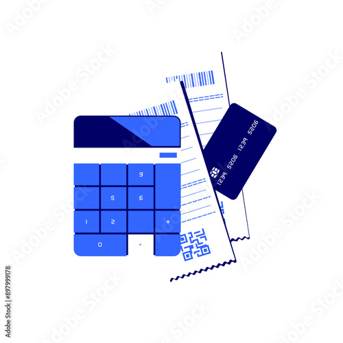 Calculator of modern design, two billing checks and bank plastic card