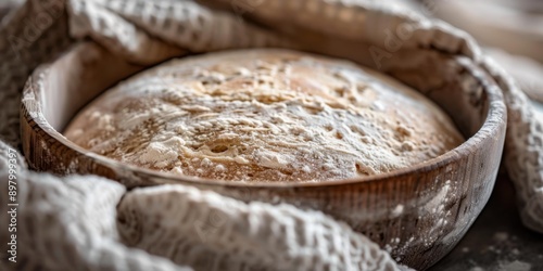 Freshly baked bread in a wooden bowl. AI.