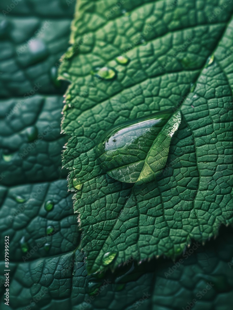 A close-up of a green leaf with water droplets. AI. A close-up of a green leaf with water droplets. AI.