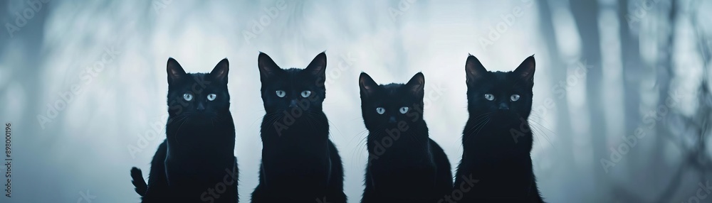Assorted black cat silhouettes, spooky Halloween backdrop, editorial shot, empty copy space for text on side Assorted black cat silhouettes, spooky Halloween backdrop, editorial shot, empty copy space for text on side