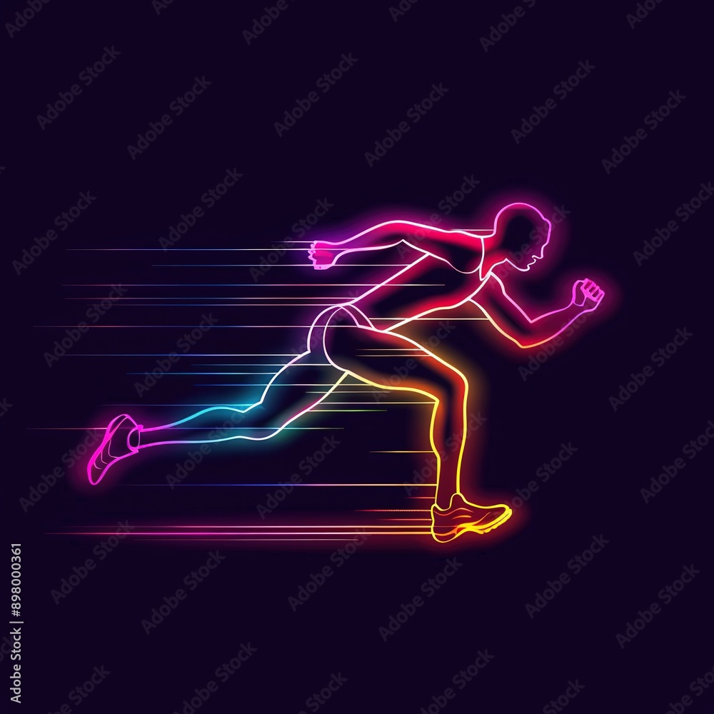 Dynamic Neon Light Effect Vector Illustration of an Athlete Running with Colorful Glow on Black Background, Perfect for Sports-Themed Designs and Advertising to Convey Speed and Vitality Dynamic Neon Light Effect Vector Illustration of an Athlete Running with Colorful Glow on Black Background, Perfect for Sports-Themed Designs and Advertising to Convey Speed and Vitality