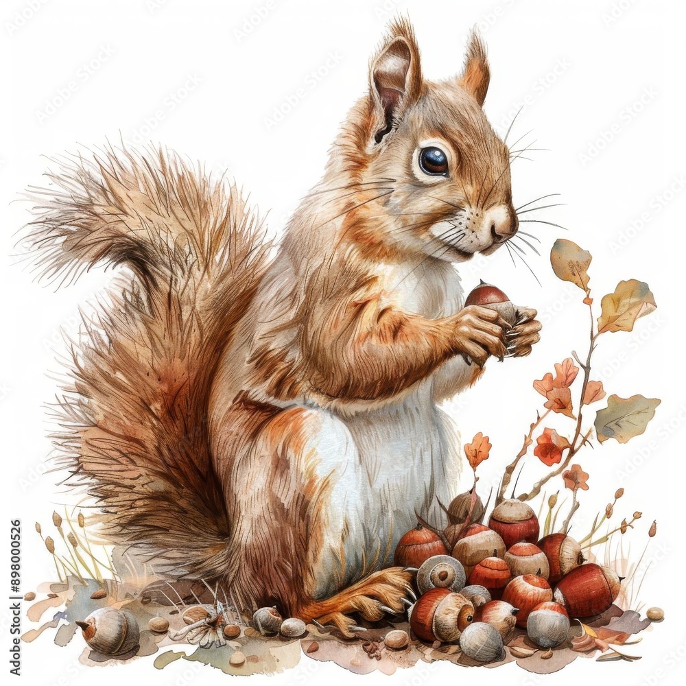 Obraz premium A squirrel storing acorns in its den, busy preparation, watercolor design, isolated on white background