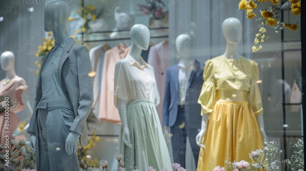Obraz premium A window display of clothing with a variety of colors and styles