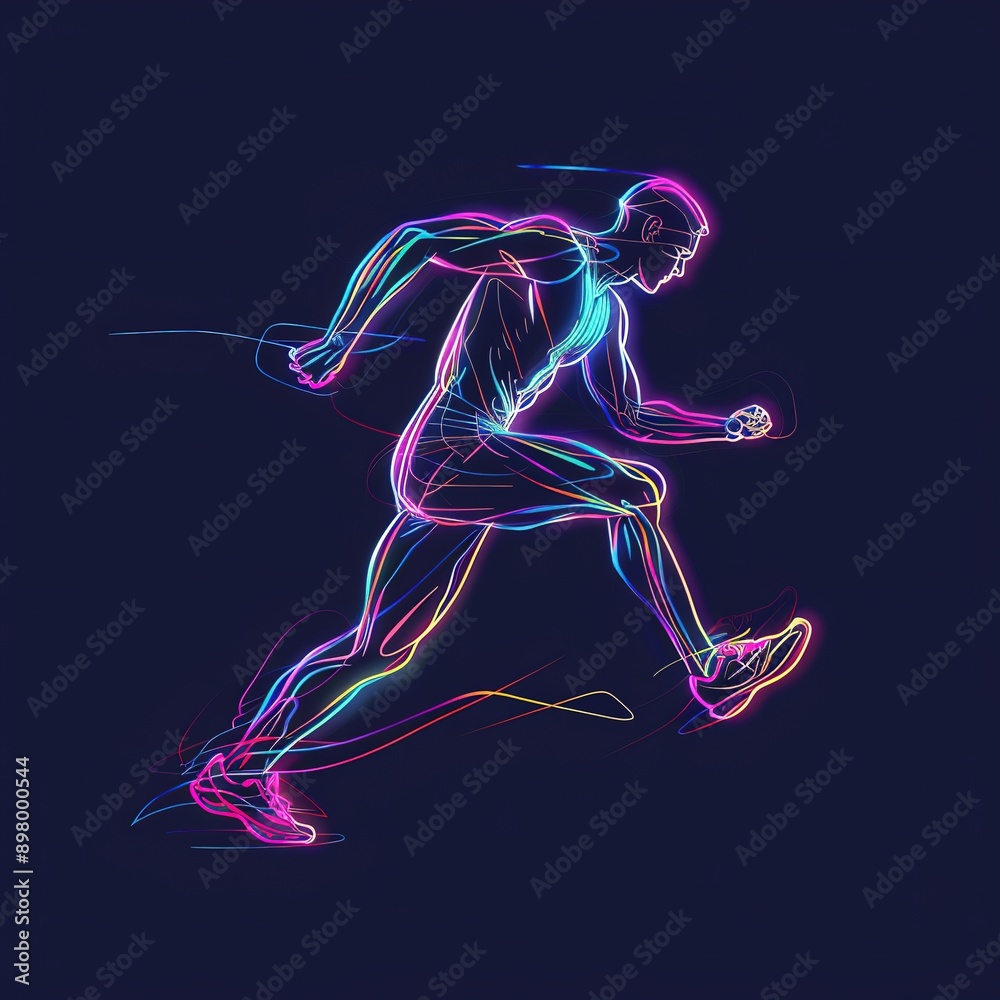 Dynamic Neon Light Effect Vector Illustration of an Athlete Running with Colorful Glow on Black Background, Perfect for Sports-Themed Designs and Advertising to Convey Speed and Vitality Dynamic Neon Light Effect Vector Illustration of an Athlete Running with Colorful Glow on Black Background, Perfect for Sports-Themed Designs and Advertising to Convey Speed and Vitality