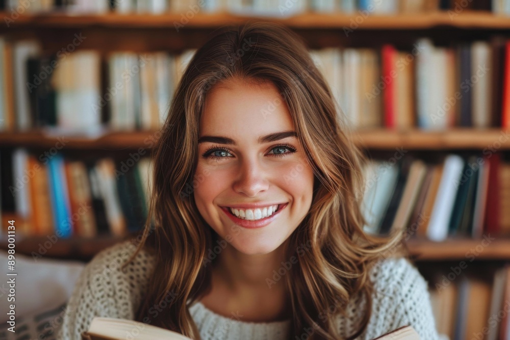 A woman smiles while holding a book in a library. AI. A woman smiles while holding a book in a library. AI.