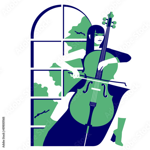 Woman at the window playing the cello