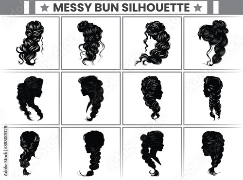 Russian Twists Messy Bun Silhouette Bundle Messy Bun Hair Illustration clipart Silhouette, For T-Shirt Design, Mug, Tote Bag, Etc.