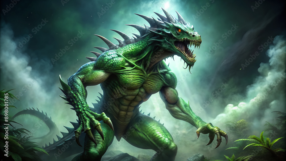 Fierce green scaly monster emerges from dark mist with razor-sharp claws outstretched, ready to strike, in a hauntingly lit, eerie fantasy environment. Fierce green scaly monster emerges from dark mist with razor-sharp claws outstretched, ready to strike, in a hauntingly lit, eerie fantasy environment.