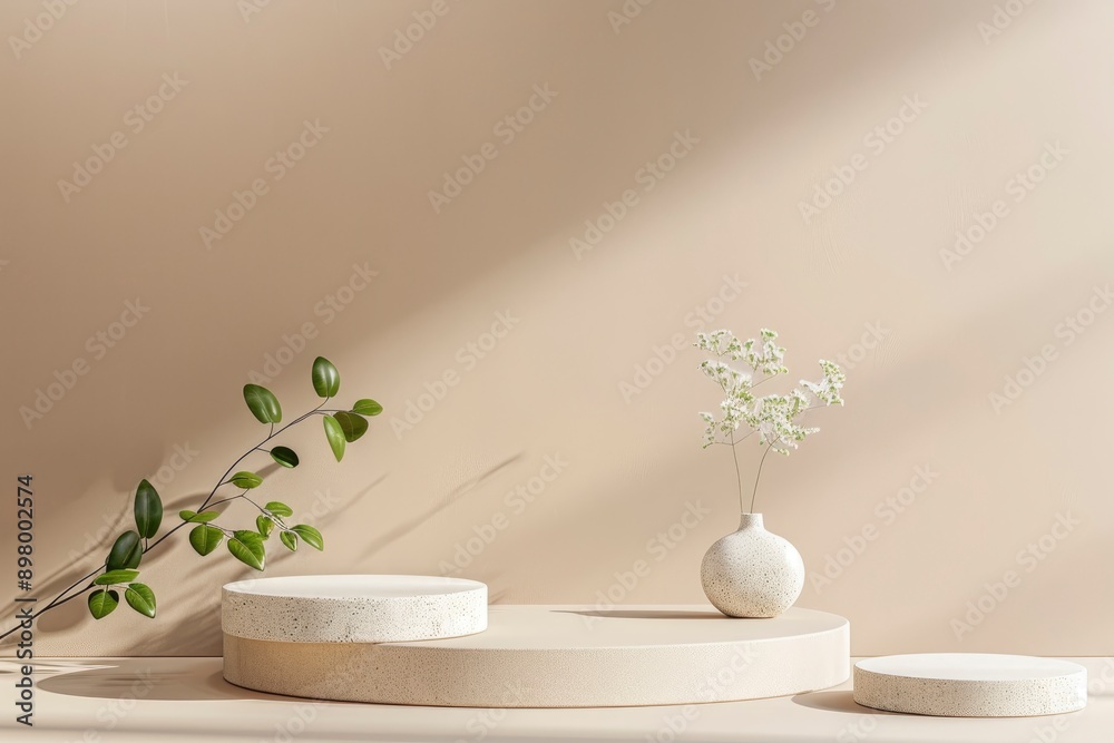 Blank product three podium. Minimal scene mockup with 3 stone, product podium with copy space, promotions, cosmetic product showcases. copy space - generative ai Blank product three podium. Minimal scene mockup with 3 stone, product podium with copy space, promotions, cosmetic product showcases. copy space - generative ai