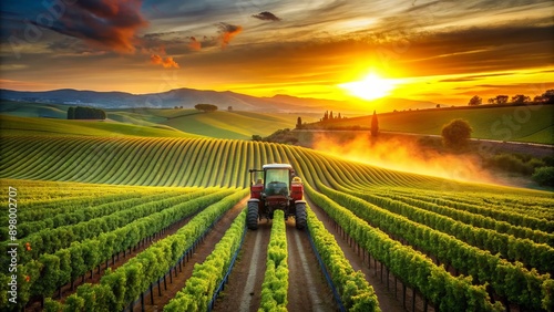 Golden hour captures majestic farm tractor spraying vineyard rows with precision, amidst rolling hills and lush green vines, as sunset's warm orange hues envelop the serene landscape. photo