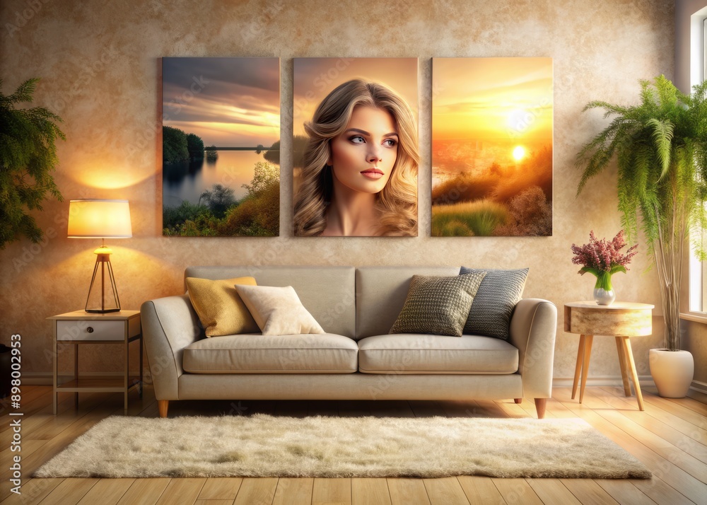 A serene empty room with a cozy sofa and vibrant wallpaper featuring a portrait of a woman, evoking feelings of relaxation and tranquility. A serene empty room with a cozy sofa and vibrant wallpaper featuring a portrait of a woman, evoking feelings of relaxation and tranquility.