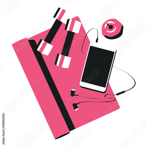 Yoga mat, dumbbells,  tablet and apple