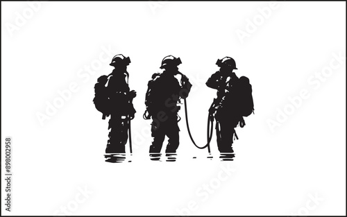 Firefighters group pose silhouette on isolated white background Pro Vector accident, emblem, emergency, firefighters, extinguishing, emergency exit, lifestyles, protective workwear, emergency services