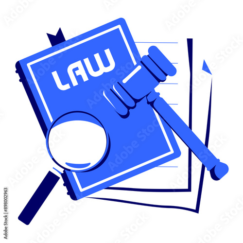 Law book with gavel and magnifying glass