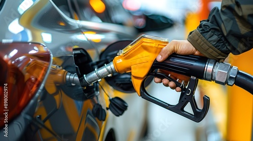 Pouring fuel, close-up image of a hand filling up a car with gas at a gas station