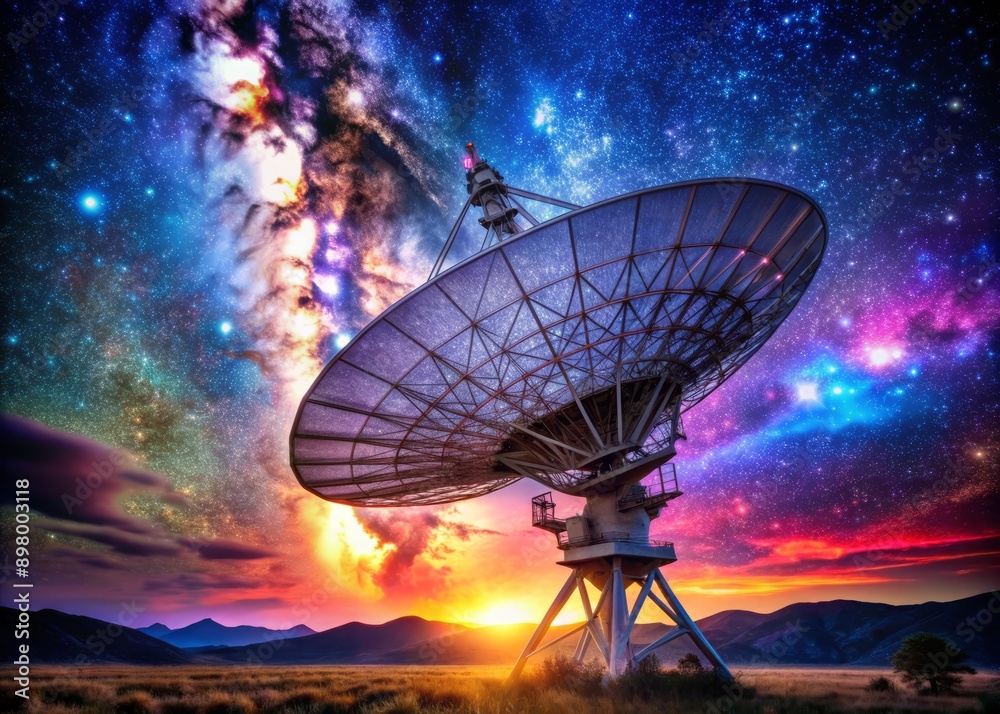 Majestic radio telescope dish rotates slowly, focusing on distant celestial bodies, set against a breathtaking starry night sky with vibrant hues of blue and purple. Majestic radio telescope dish rotates slowly, focusing on distant celestial bodies, set against a breathtaking starry night sky with vibrant hues of blue and purple.