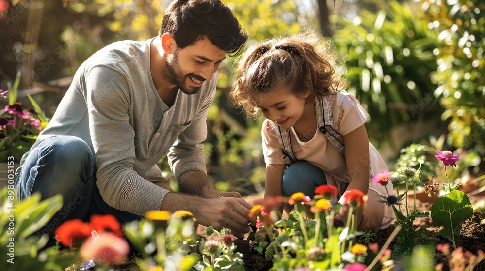 Parents and kids planting flowers in a garden, engaging in outdoor gardening activities Parents and kids planting flowers in a garden, engaging in outdoor gardening activities