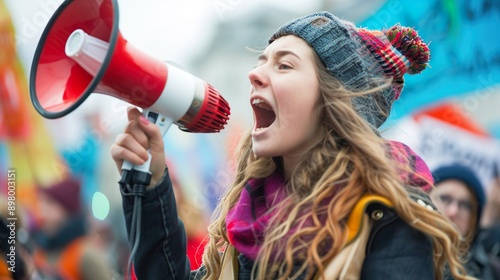Young adult female campaigner shouting at a demonstration photo