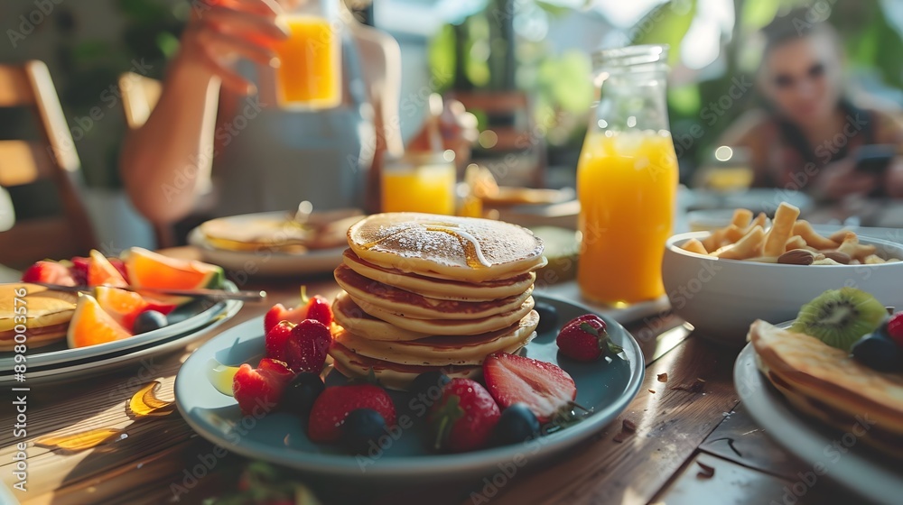 Delicious Pancakes with Fruit and Syrup for a Sunny Brunch Delicious Pancakes with Fruit and Syrup for a Sunny Brunch