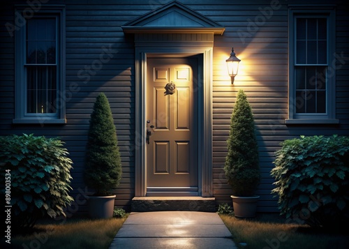 A dark and ominous night scene shows a residential front door with a spotlight shining down, hinting at an intruder's possible presence outside. photo