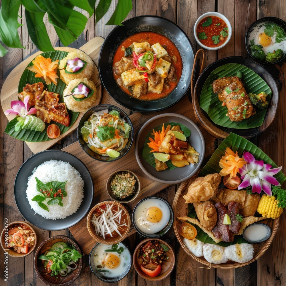 Flat lay of Thai breakfast dishes, diverse and nutritious, food culture Flat lay of Thai breakfast dishes, diverse and nutritious, food culture