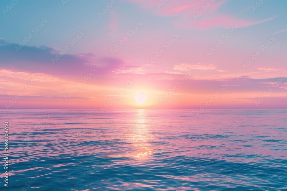 Clear blue sky sunset with glowing pink and purple horizon on calm ocean seascape background. Picturesque - generative ai Clear blue sky sunset with glowing pink and purple horizon on calm ocean seascape background. Picturesque - generative ai