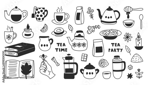 Cozy Tea Doodles Set. Large collection of hot drinks hand drawn elements. Food Beverage Cups and Ingredients. Hygge Vector illustration