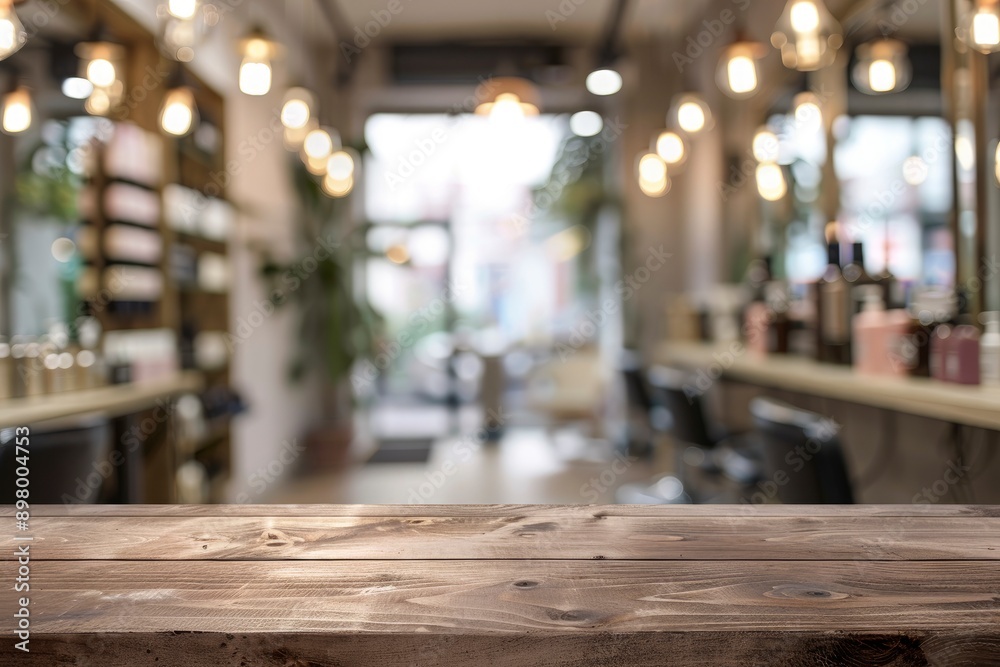 empty brown wooden tabletop for product display on blurred beauty and hair salon interior background - generative ai empty brown wooden tabletop for product display on blurred beauty and hair salon interior background - generative ai