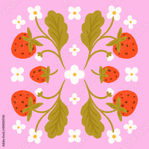 Flat vector illustration isolated on pink background. Strawberry cute illustration. Symmetrical design. Design for greeting card, poster, fabric.