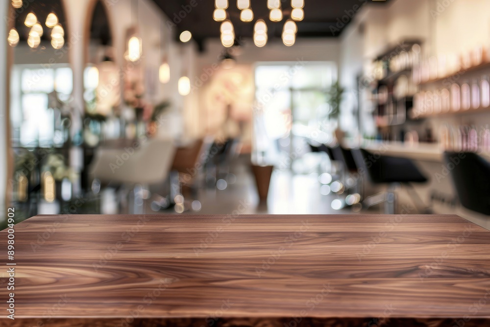 empty brown wooden tabletop for product display on blurred beauty and hair salon interior background - generative ai empty brown wooden tabletop for product display on blurred beauty and hair salon interior background - generative ai