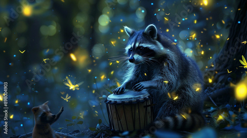 A raccoon with a small drum set, drumming away energetically in a clearing, surrounded by fireflies and other nocturnal animals enjoying the impromptu concert