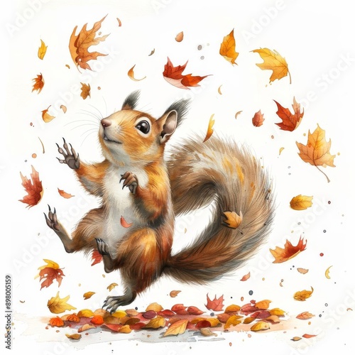 A squirrel jumping into a pile of leaves, joyful autumn, watercolor drawing, isolated on white background photo