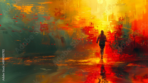 Back View of Man Running with Motion Effect in Vibrant Abstract Urban Setting, Digital Art, Evening, Expressive Mood, Escapism Concept © Bartek