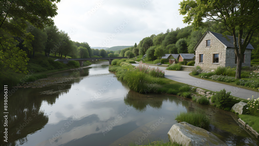 Obraz premium Idyllic Riverfront Village with Stone Cottages