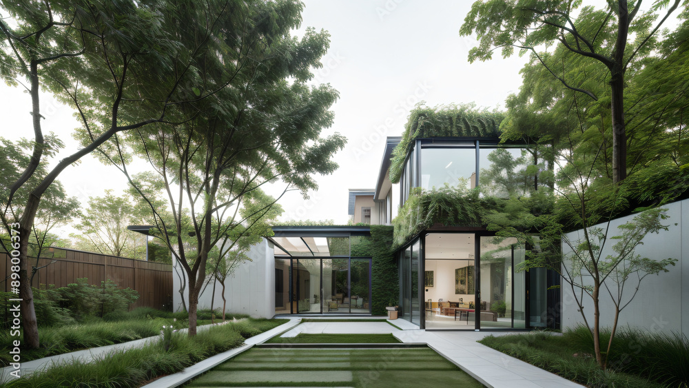 Modern Courtyard House with Green Walls and Glass Facade Modern Courtyard House with Green Walls and Glass Facade
