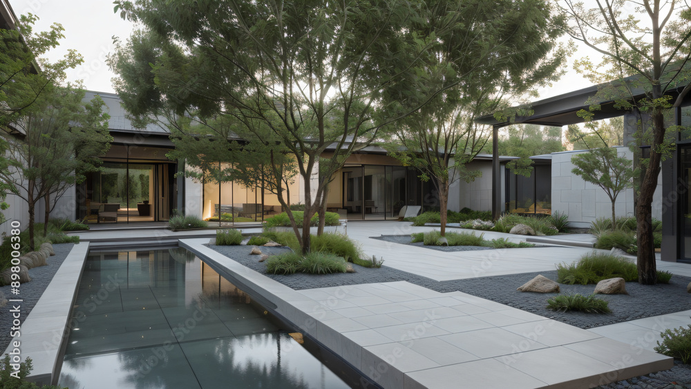 Modern Courtyard with Minimalist Landscaping and Water Feature Modern Courtyard with Minimalist Landscaping and Water Feature
