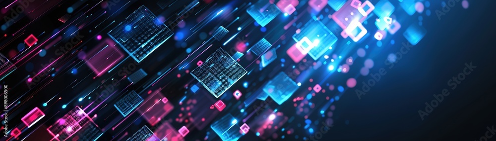 Abstract Technology Background with Blue and Pink Glowing Squares, Futuristic Digital Wallpaper Design for Banner, Poster, or Presentation on Dark Background Abstract Technology Background with Blue and Pink Glowing Squares, Futuristic Digital Wallpaper Design for Banner, Poster, or Presentation on Dark Background