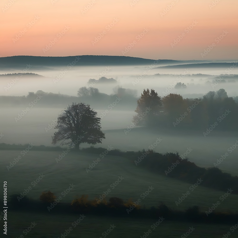 Fototapeta premium Describe a foggy morning in a rural area as autumn sets in. How does the mist envelop the landscape, and what sense of mystery or tranquility does it create