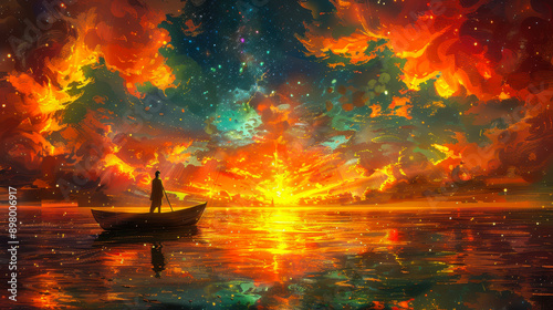 Astronaut in Rowboat Navigating through Colorful Cosmic Clouds in Outer Space during Sunrise, Surreal Digital Art