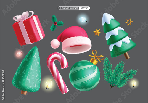 Christmas elements vector set design. Christmas 3d elements and ornaments like gift box, santa hat, pine tree, candy cane, spruce and xmas balls isolated in white background. Vector illustration 