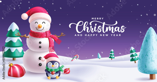Merry christmas greeting vector design. Christmas and happy new year text in night winter snow background with snowman and penguin characters for greeting card. Vector illustration holiday season 