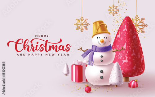 Merry christmas greeting card vector design. Christmas snowman character, red pine tree, ball and gift box decoration elements in elegant background. Vector illustration holiday season template. 
