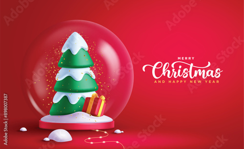 Christmas snow globe vector design. Merry christmas greeting text in red background with pine tree elements in crystal ball glass and podium stage. Vector illustration holiday season card design.   
