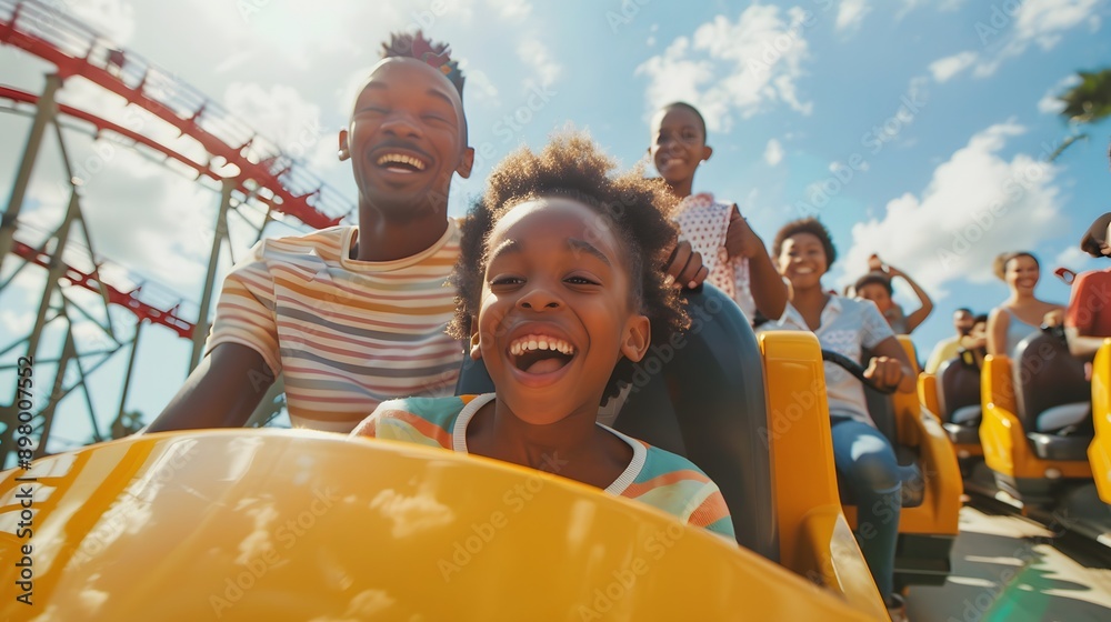 Obraz premium Happy Family Riding Roller Coaster at Amusement Park