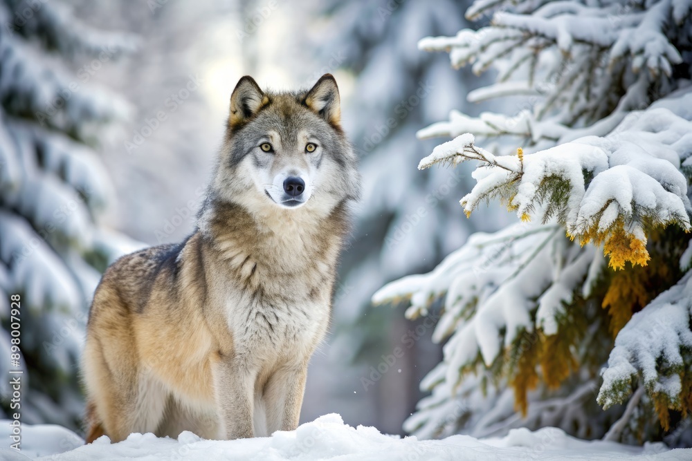 Majestic gray wolf stands alone in a serene winter wonderland, surrounded by snow-covered trees, its piercing yellow eyes gazing into the distance. Majestic gray wolf stands alone in a serene winter wonderland, surrounded by snow-covered trees, its piercing yellow eyes gazing into the distance.