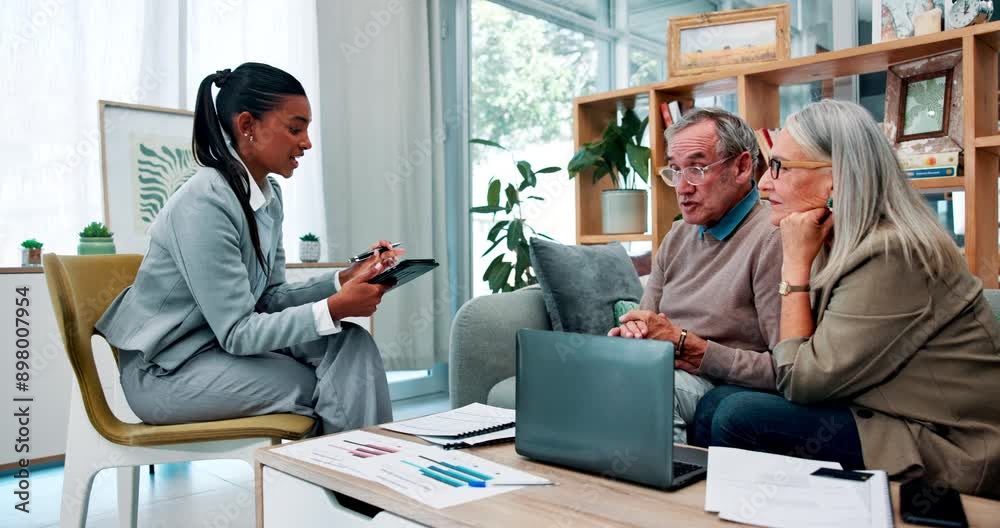 Home, old couple and financial advisor with tablet, conversation and planning for savings, invest and budget. Apartment, broker and agent with mature man, senior woman and paperwork with tech or talk