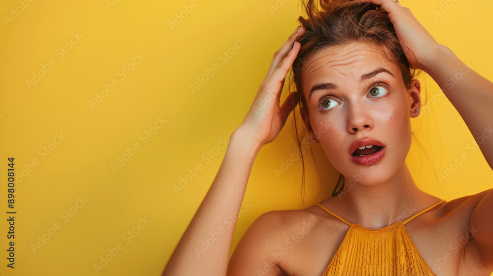 Young woman putting her hand on her forehead and have a surprise face isolated on yellow background with copy space Young woman putting her hand on her forehead and have a surprise face isolated on yellow background with copy space