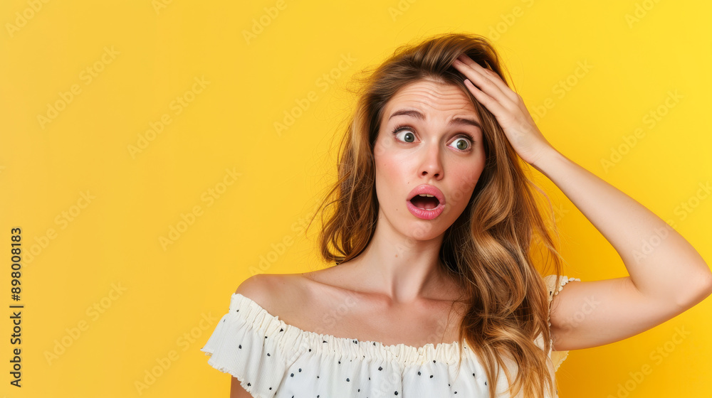 Young woman putting her hand on her forehead and have a surprise face isolated on yellow background with copy space Young woman putting her hand on her forehead and have a surprise face isolated on yellow background with copy space